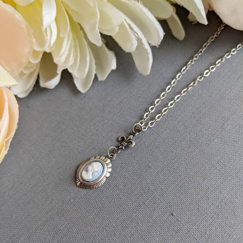 Blue Cameo Necklace: Silver Fleur de Lys Victorian Style Pendant