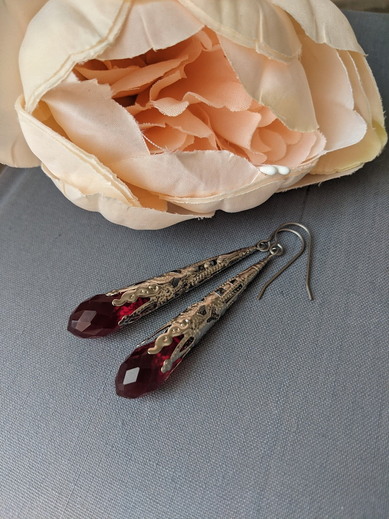 Filigree Teardrop Earrings | Red Glass Victorian Style Dangle Jewelry