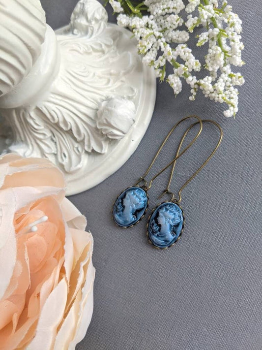 Blue Cameo Victorian Earrings: Romantic Vintage Style Jewelry