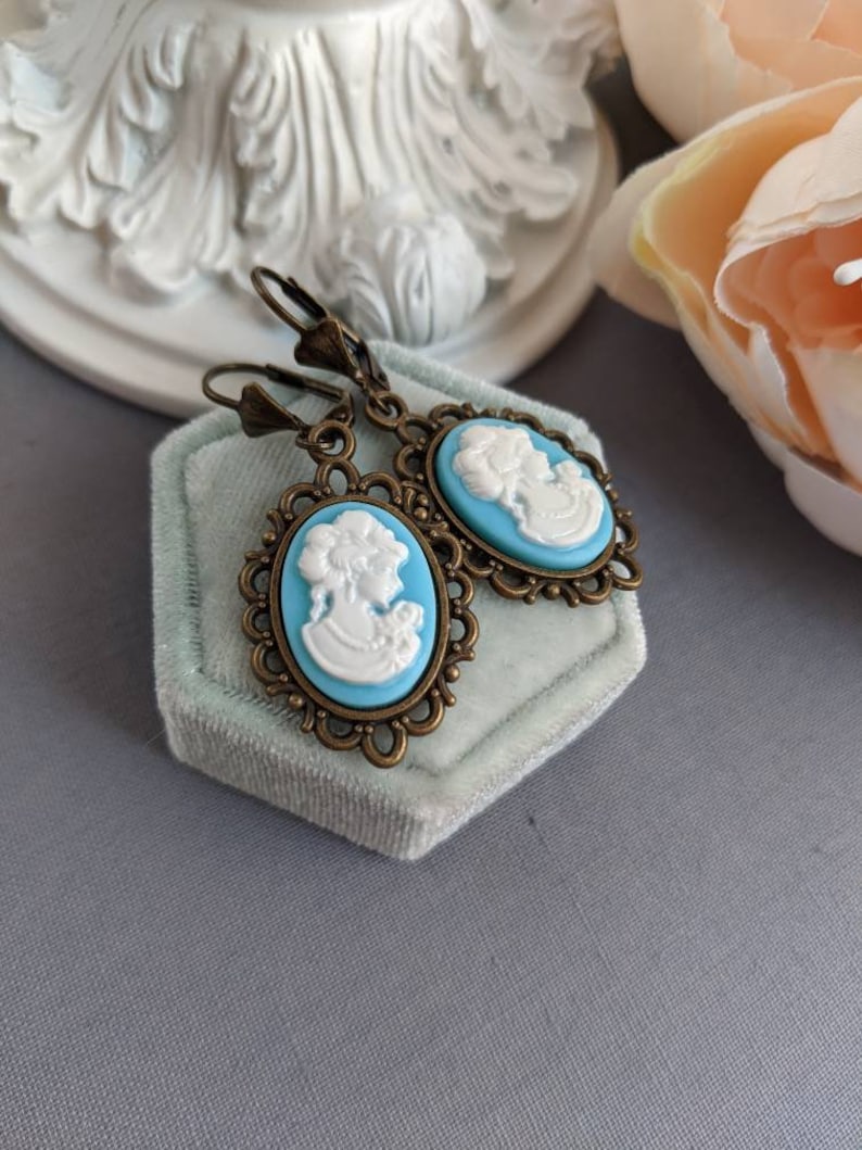 Turquoise Cameo Earrings: Victorian Style Antiqued Bronze Jewelry