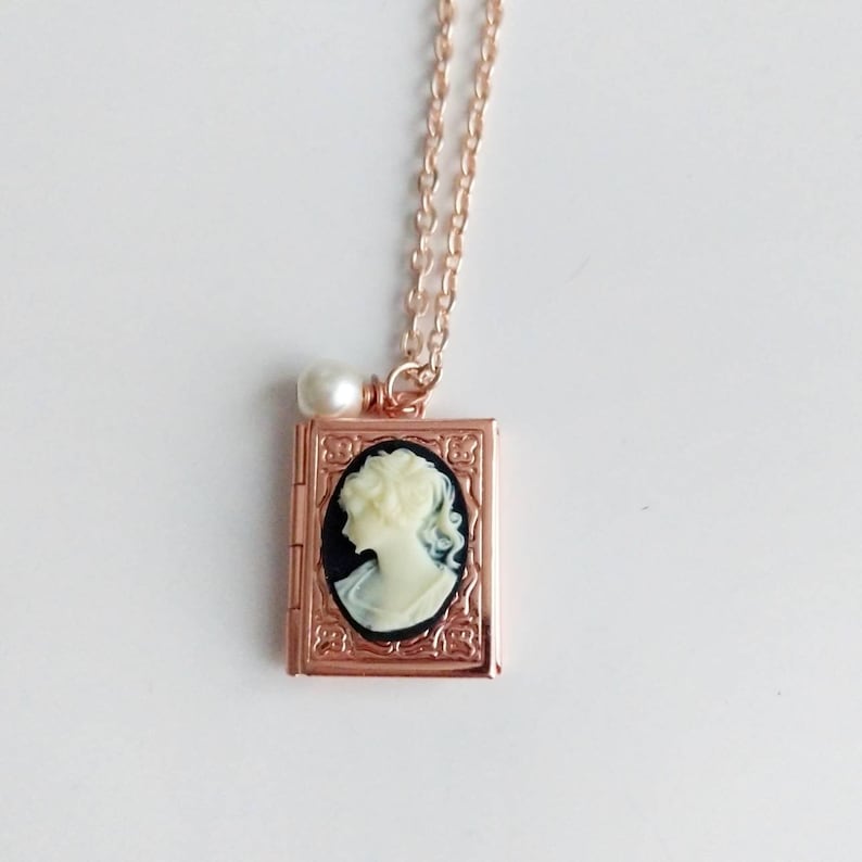 Rose Gold Book Locket Necklace: Cameo & Pearl, Book Lover Gift