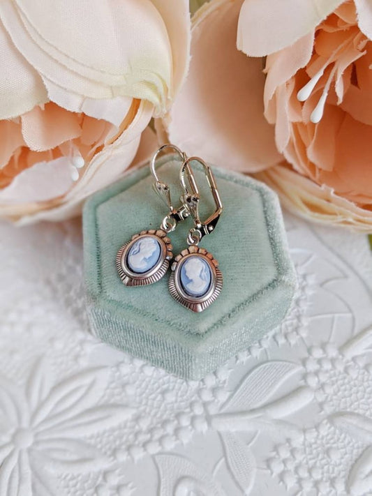 Blue Cameo Earrings: Silver Victorian Style Jewelry, Something Blue