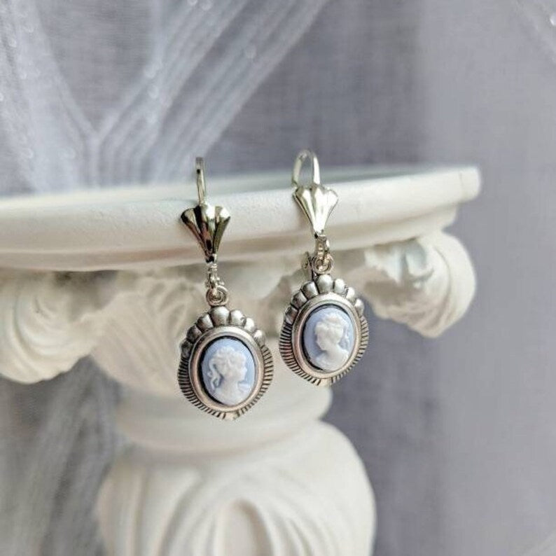 Blue Cameo Necklace: Silver Fleur de Lys Victorian Style Pendant