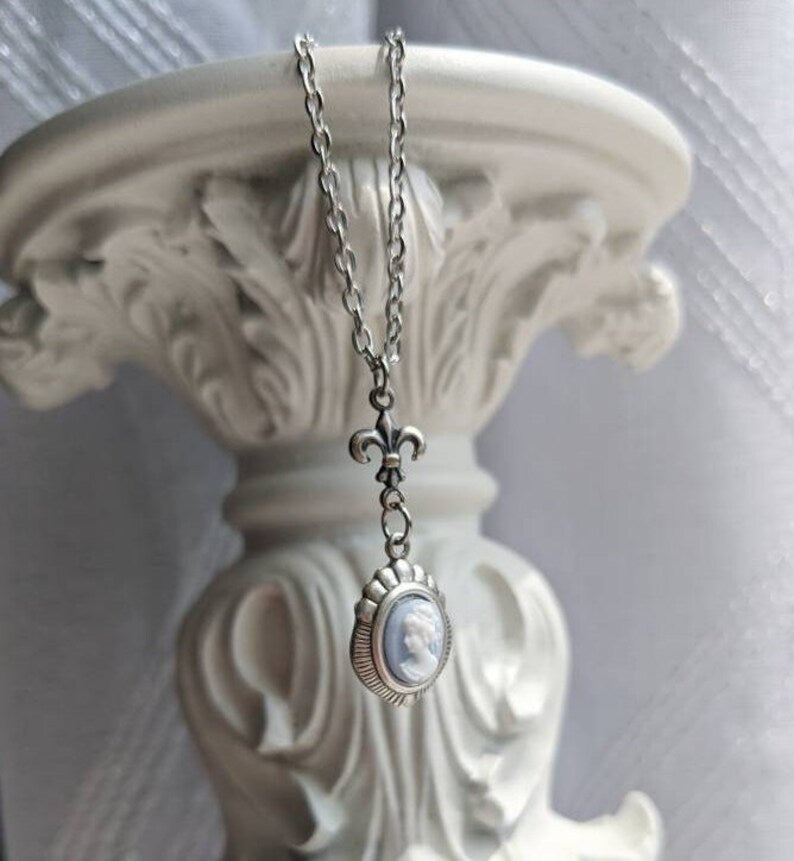 Blue Cameo Necklace: Silver Fleur de Lys Victorian Style Pendant
