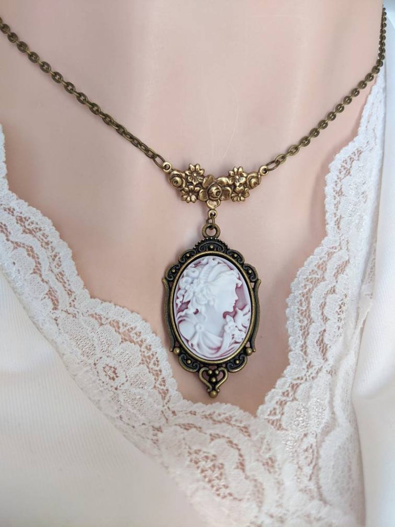 Victorian Goddess Cameo Necklace, Antique Brass Pendant, Wedding Jewelry
