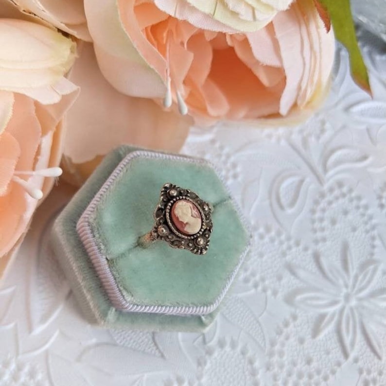 Victorian Style Cameo Ring, Antique Replica, Adjustable Brass