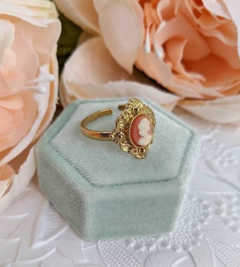 Victorian Style Cameo Ring, Antique Replica, Adjustable Brass