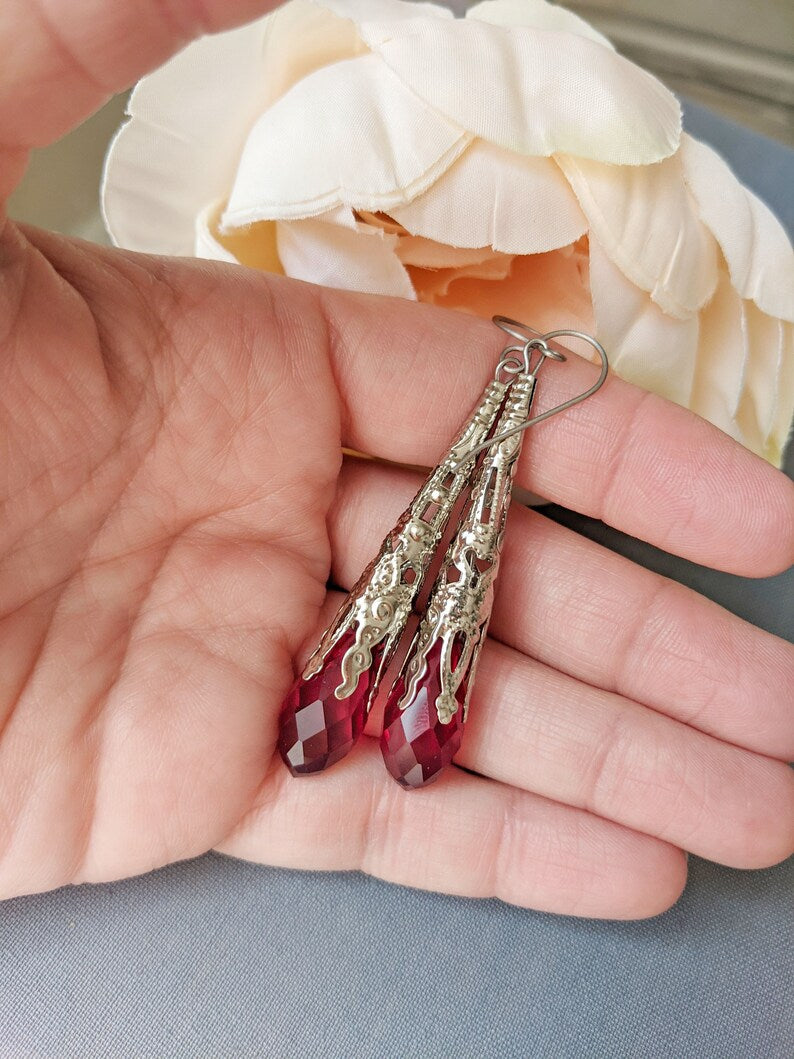 Filigree Teardrop Earrings | Red Glass Victorian Style Dangle Jewelry