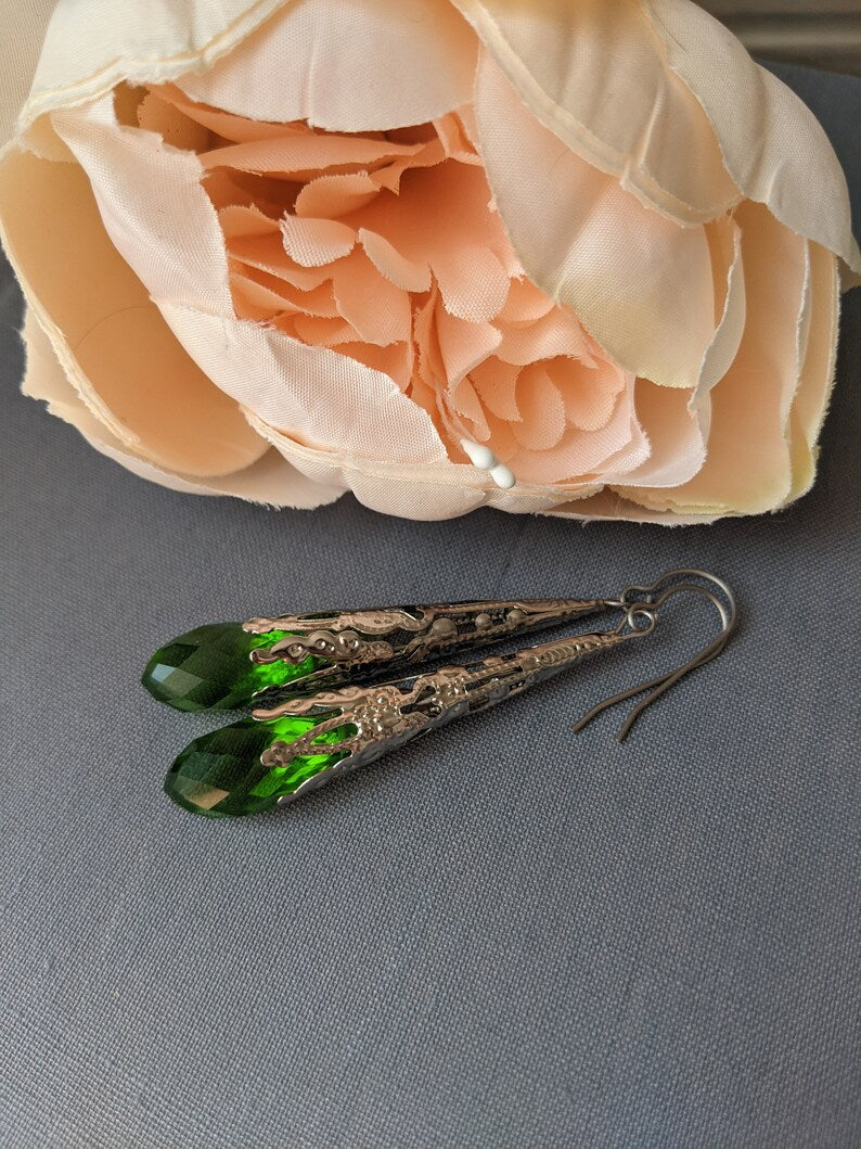 Filigree Teardrop Earrings | Red Glass Victorian Style Dangle Jewelry