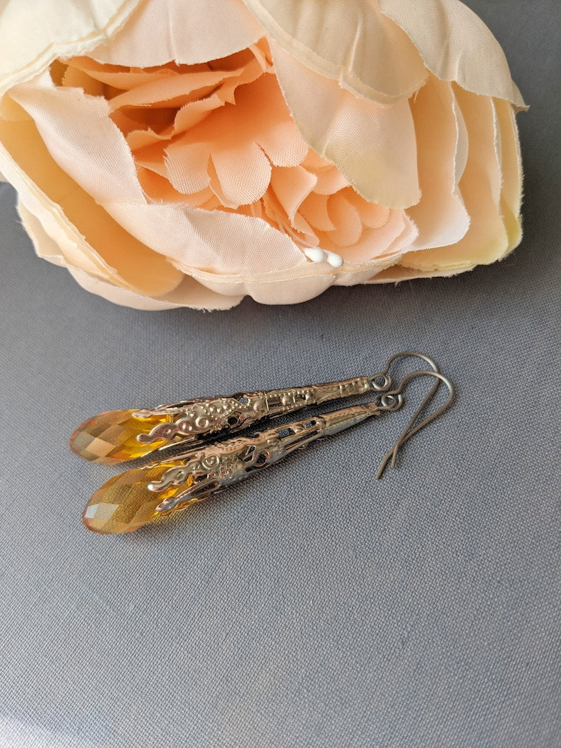 Filigree Teardrop Earrings | Red Glass Victorian Style Dangle Jewelry