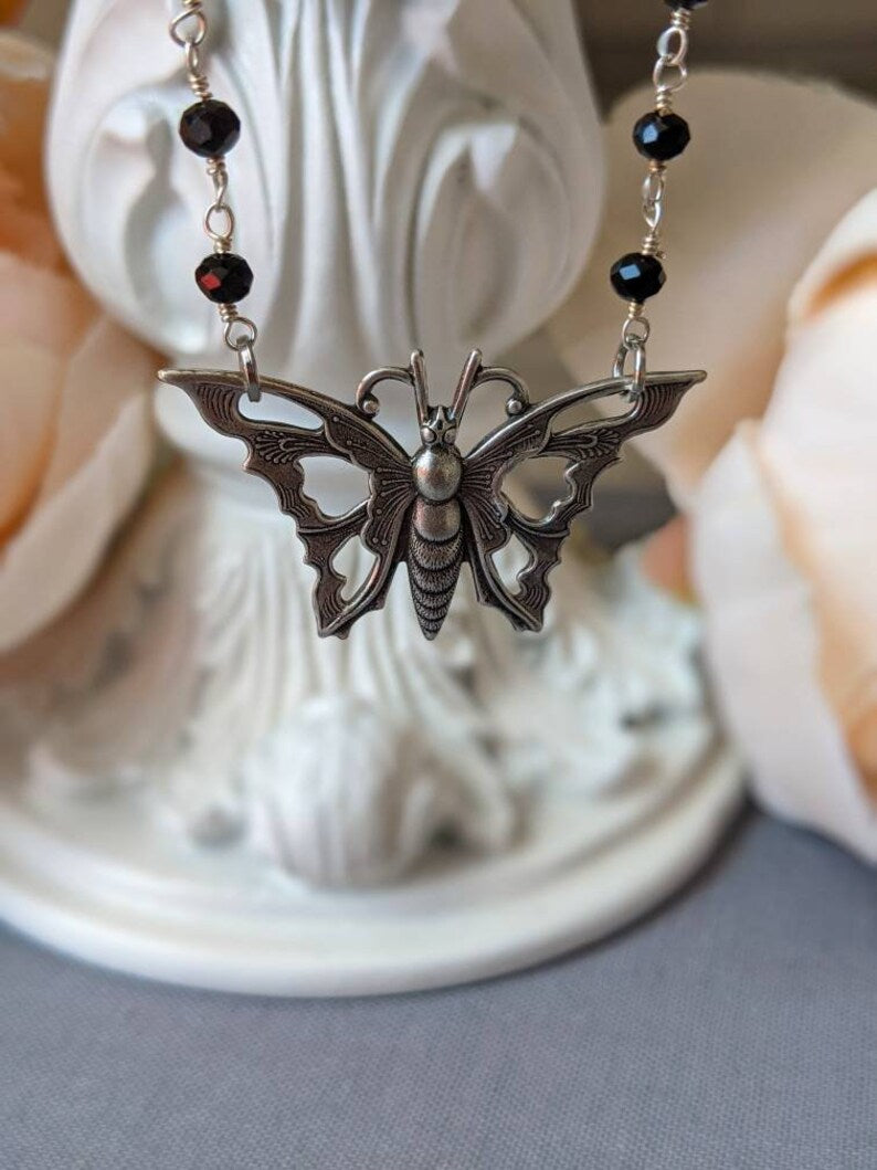 Silver Butterfly Choker, Black Rosary Chain, Art Nouveau Pendant