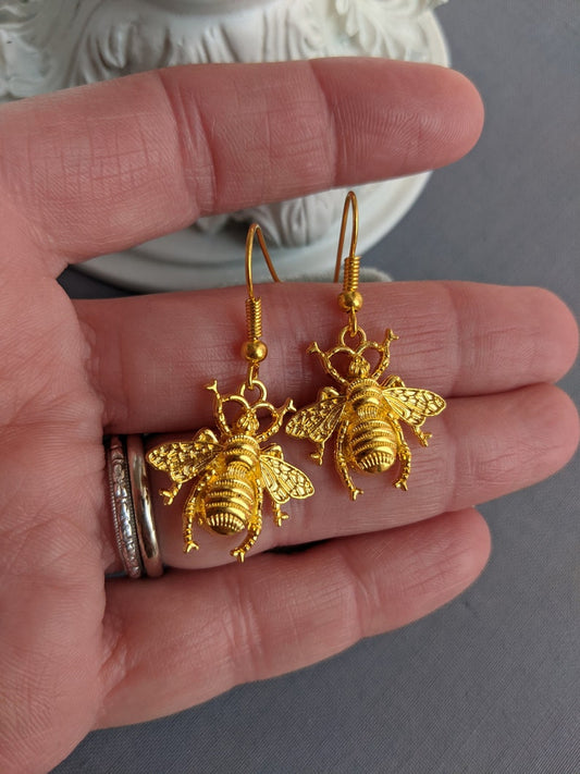 Gold Bee Earrings, Whimsigothic Jewelry Gift for Nature Lover