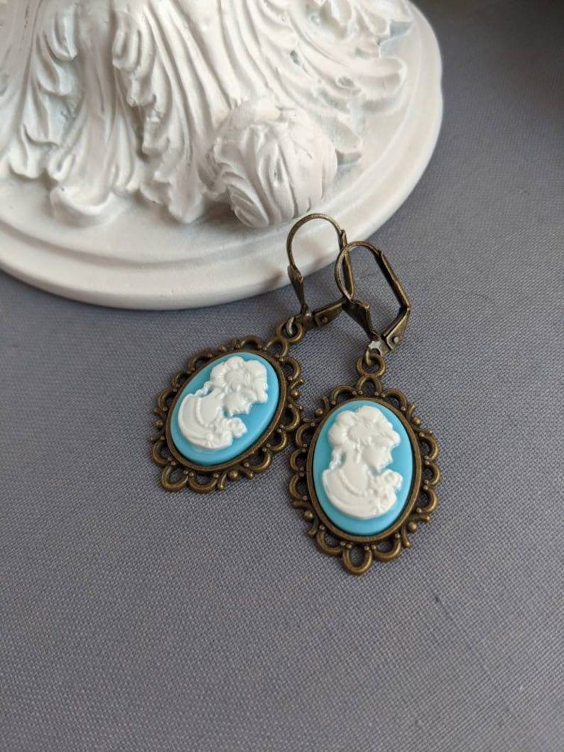 Turquoise Cameo Earrings: Victorian Style Antiqued Bronze Jewelry