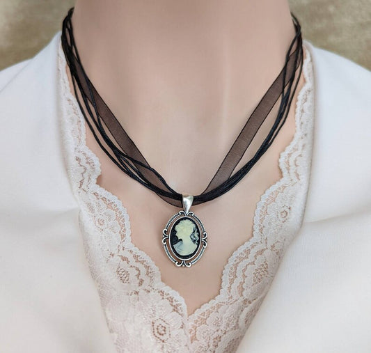 Gothic Cameo Choker: Black Ribbon Necklace