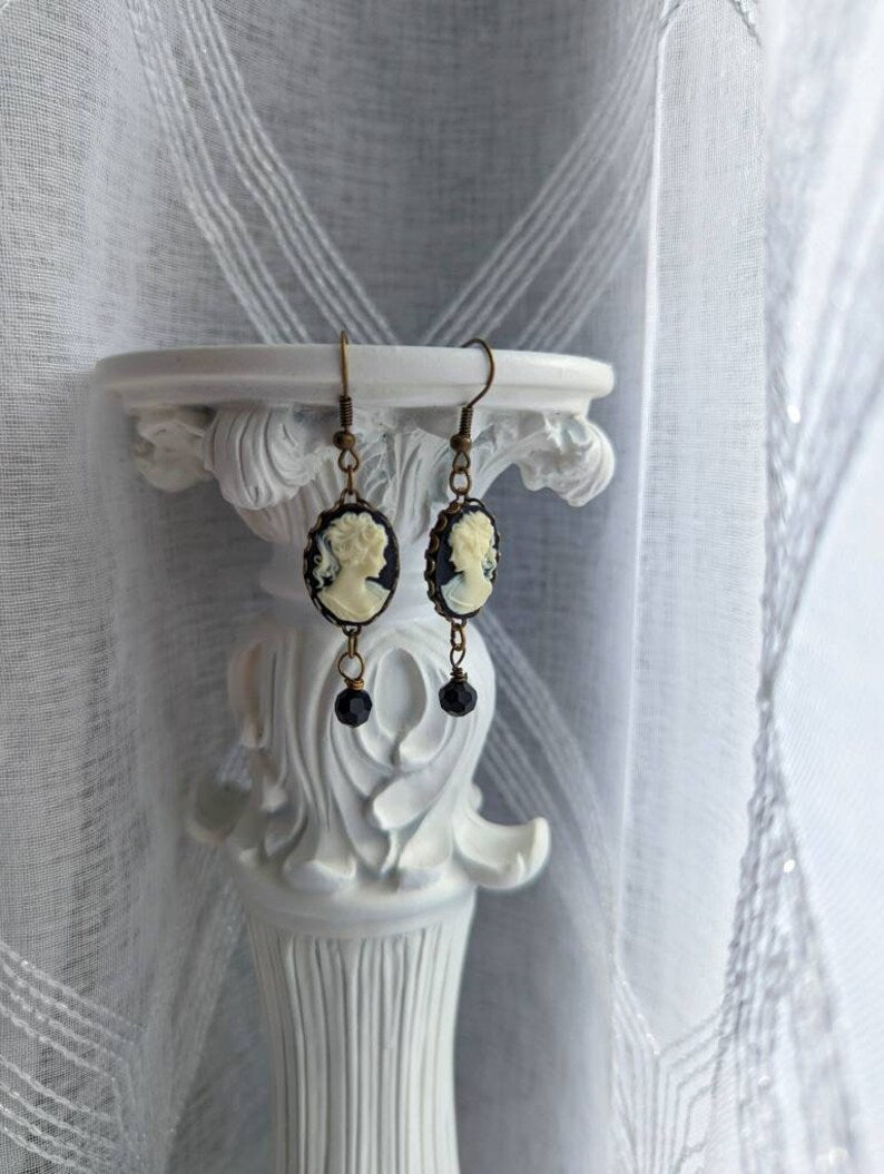 Black Cameo Earrings: Gothic Victorian Style with Black Beads