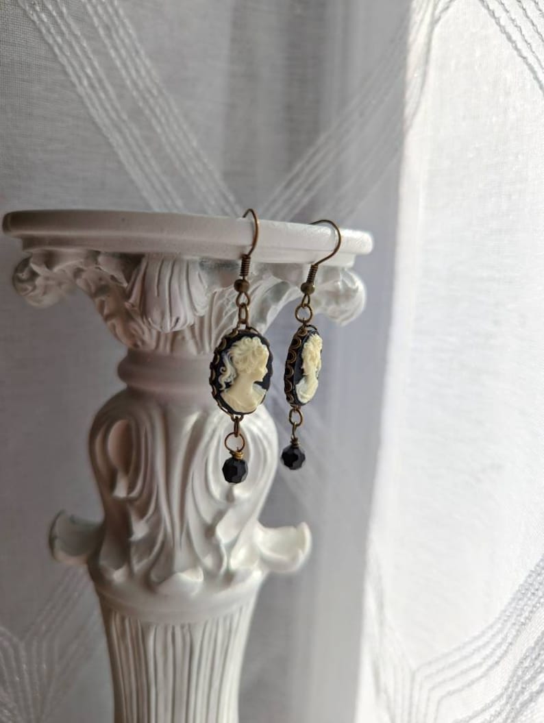 Black Cameo Earrings: Gothic Victorian Style with Black Beads