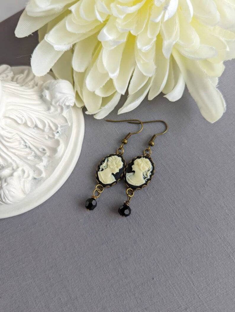 Black Cameo Earrings: Gothic Victorian Style with Black Beads