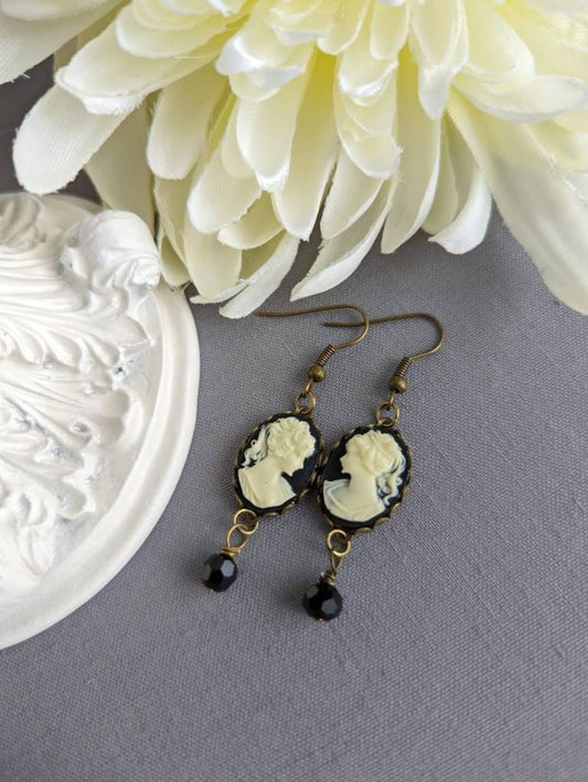 Black Cameo Earrings: Gothic Victorian Style with Black Beads