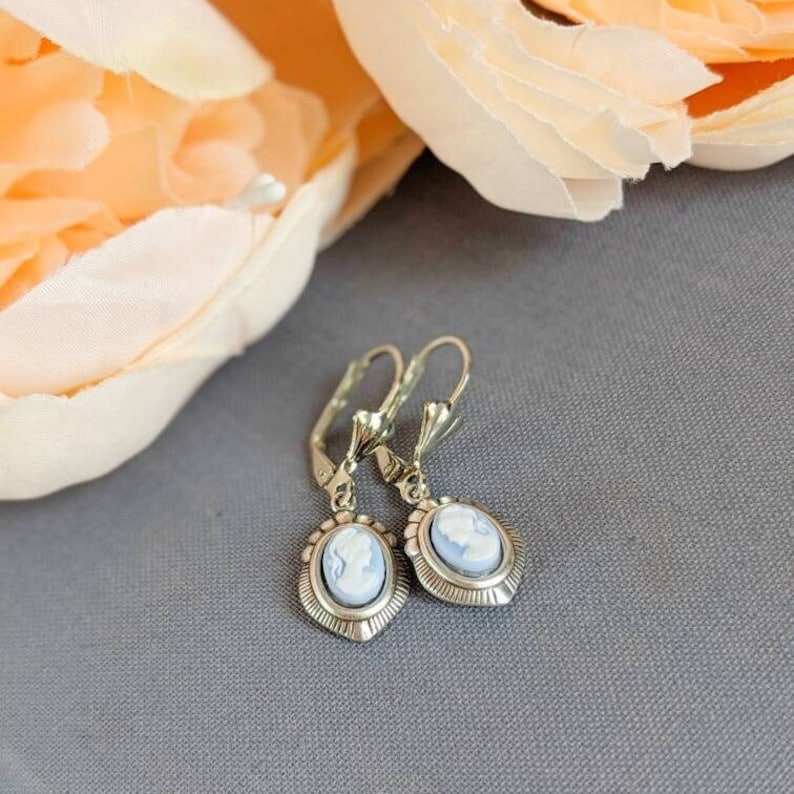 Blue Cameo Earrings: Silver Victorian Style Jewelry, Something Blue