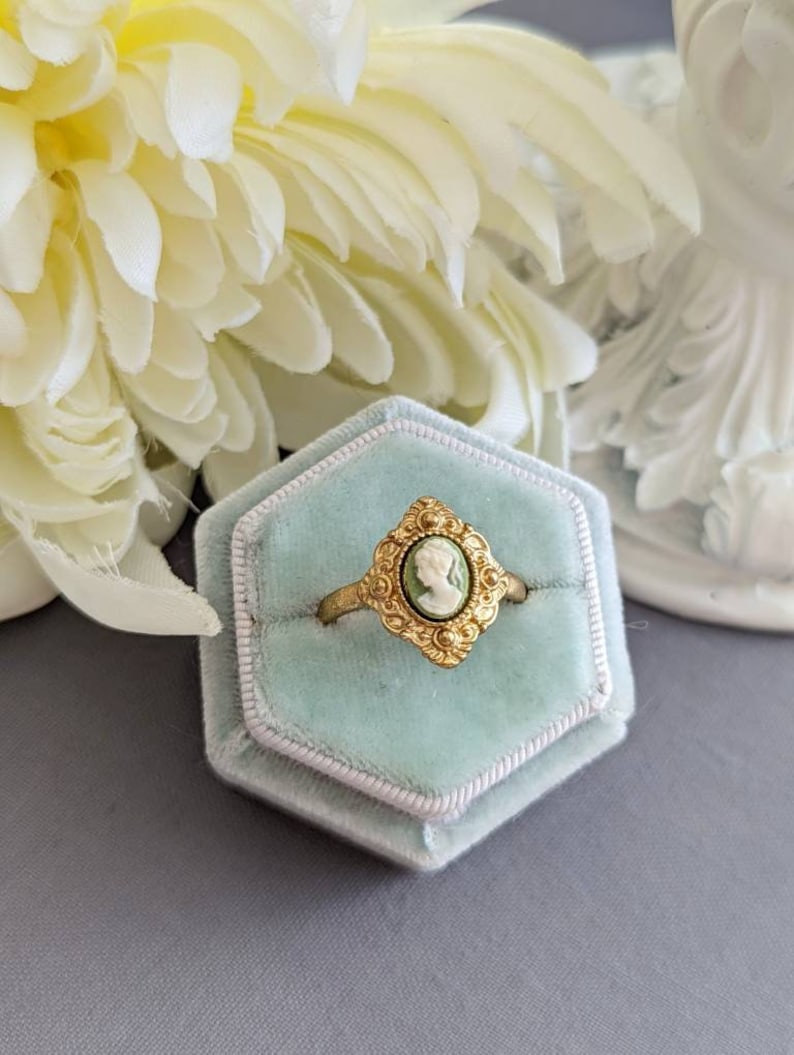 Green Cameo Ring, Vintage Style Adjustable Brass Ring