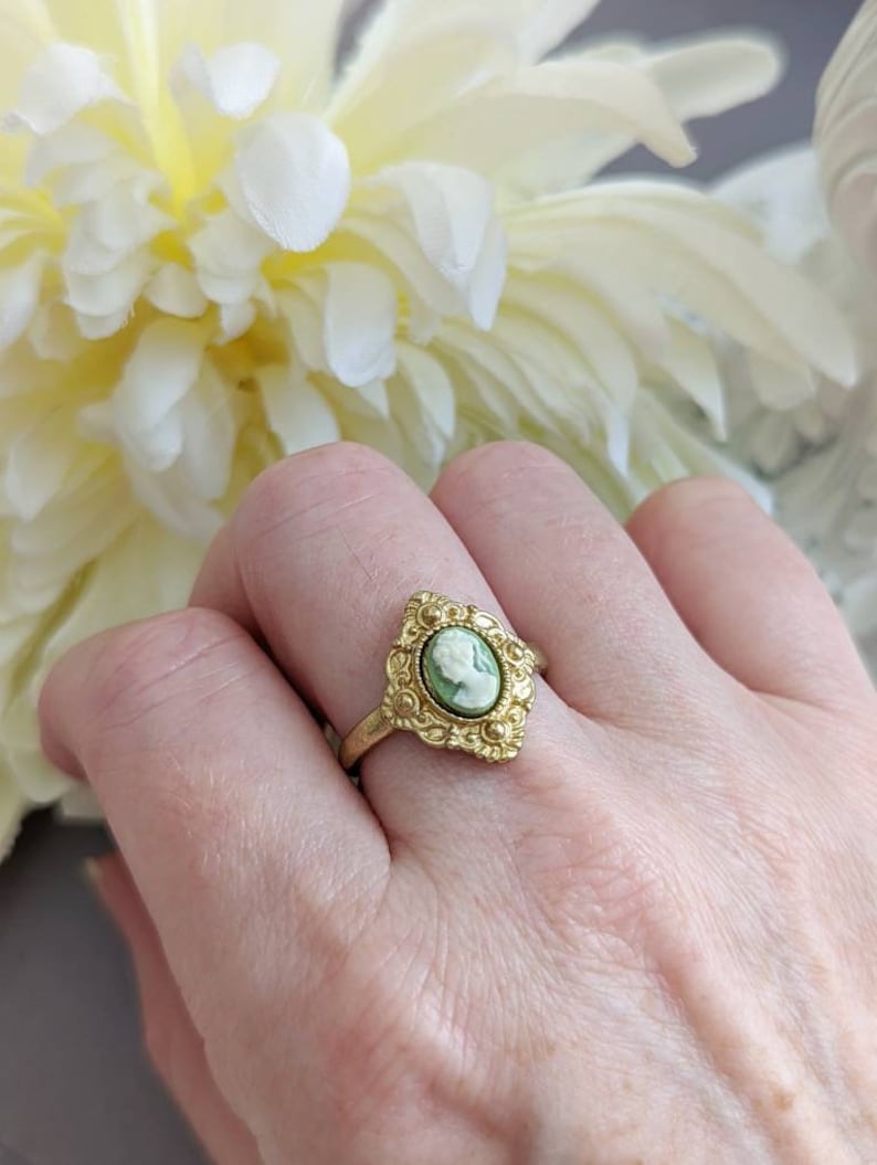 Green Cameo Ring, Vintage Style Adjustable Brass Ring