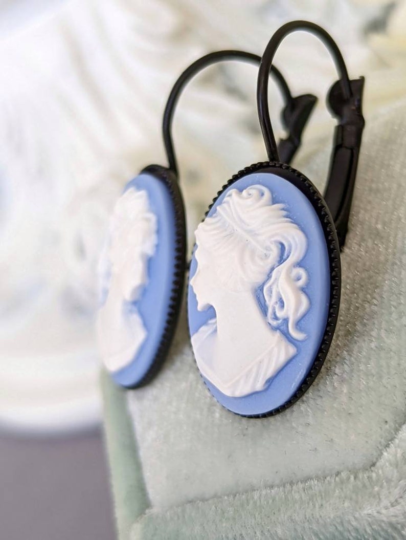 Handmade Blue Cameo Earrings | Victorian Lever Back Jewelry Gift