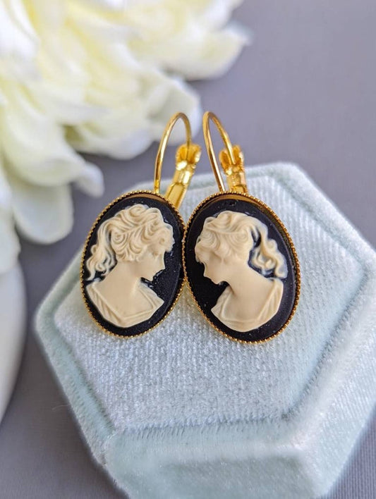 Black Cameo Earrings: Gold Lever Backs, Victorian Style