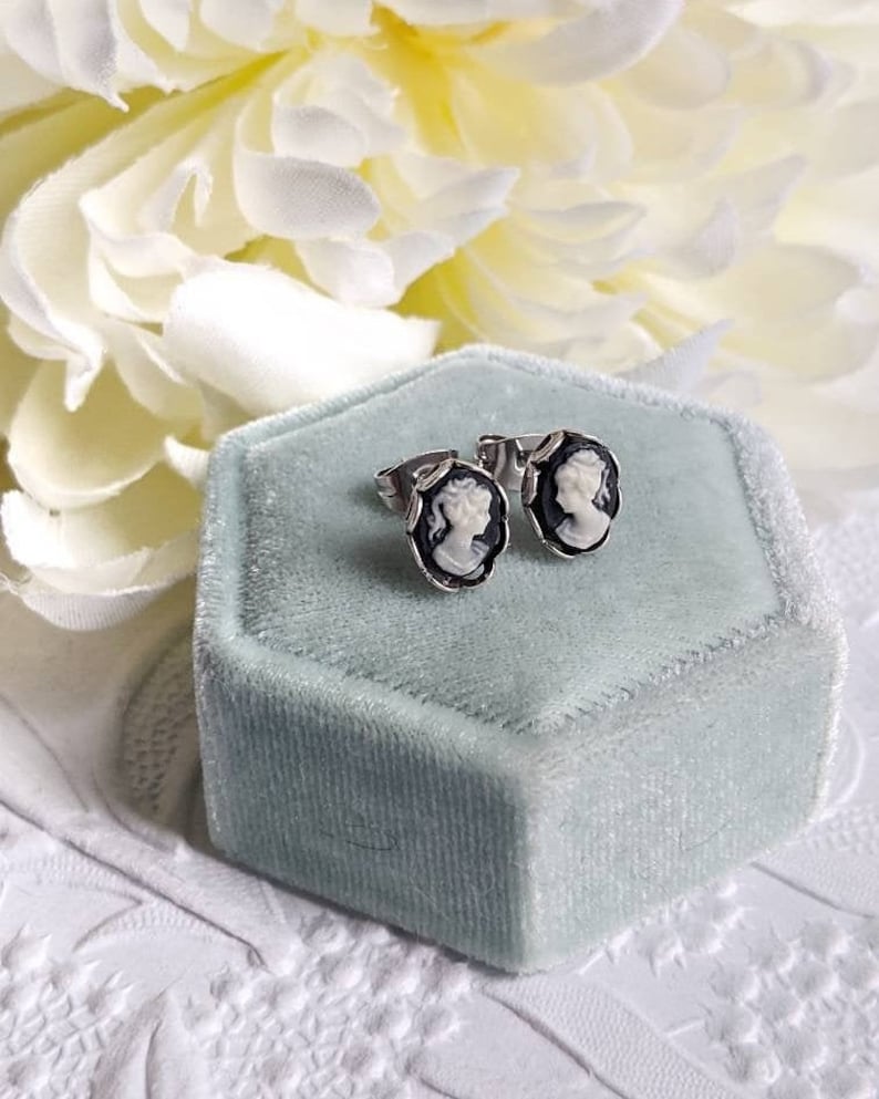 Handmade Green Cameo Stud Earrings | Sterling Silver Vintage Jewelry
