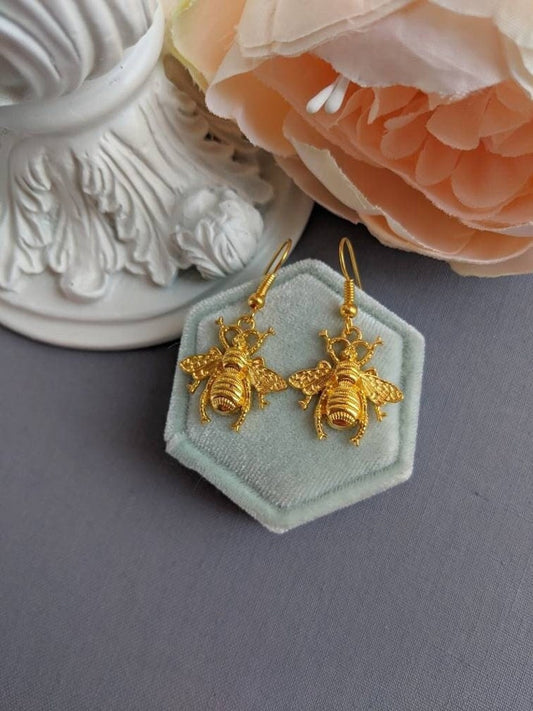 Gold Bee Earrings, Whimsigothic Jewelry Gift for Nature Lover