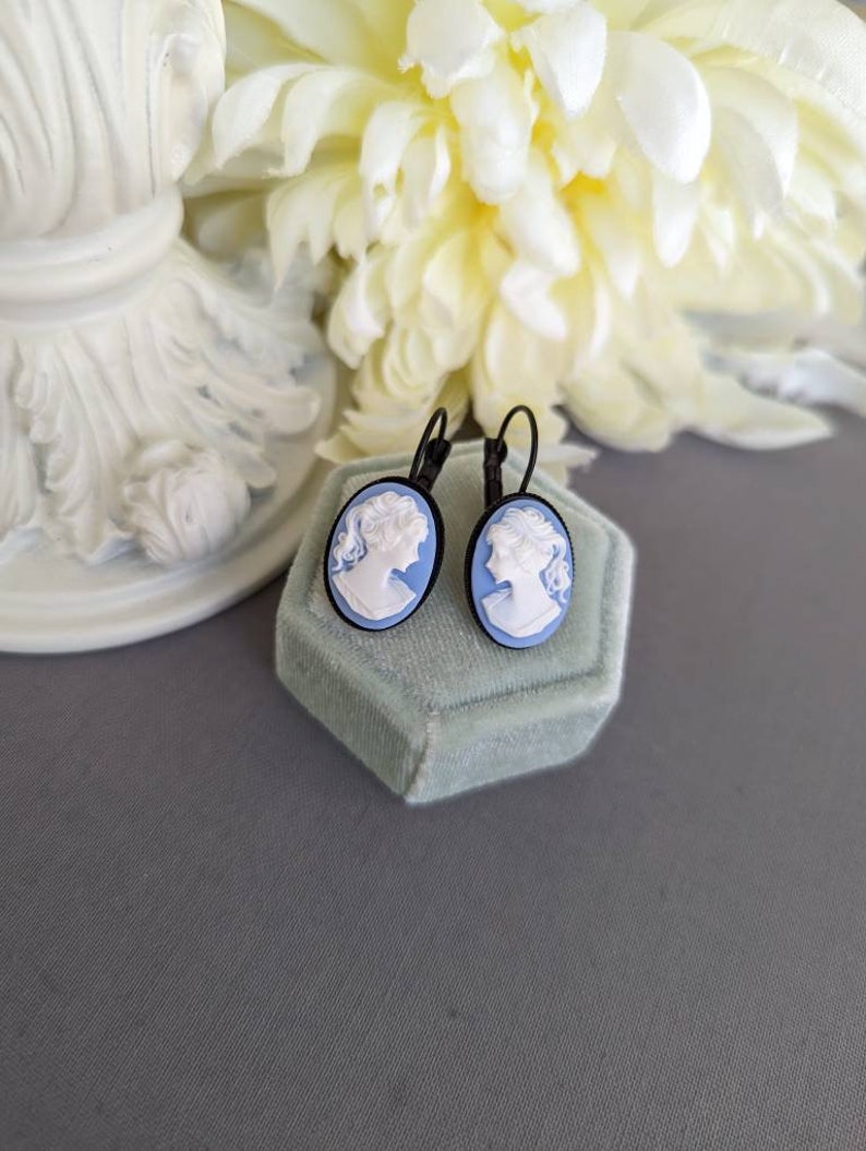 Blue Cameo Earrings in Black Lever backs, Gothic Victorian Jewelry