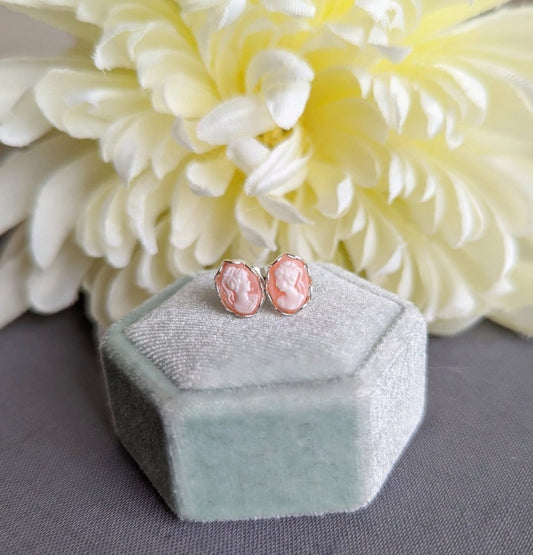 Peach Cameo Stud Earrings: Sterling Silver-Plated, Surgical Steel Posts