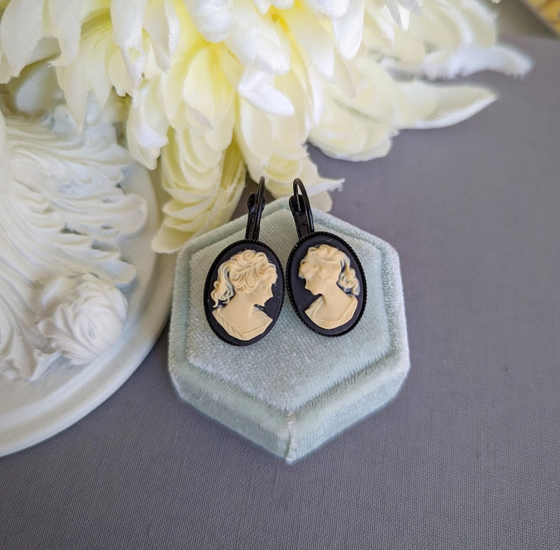 Black Cameo Leverback Earrings: Victorian Lady Silhouette Jewelry