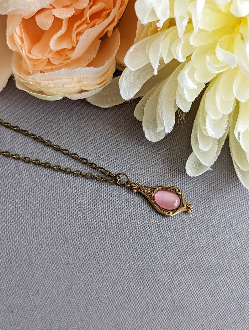 Victorian Pink Pendant Necklace, Vintage Style Historical Costume Jewelry