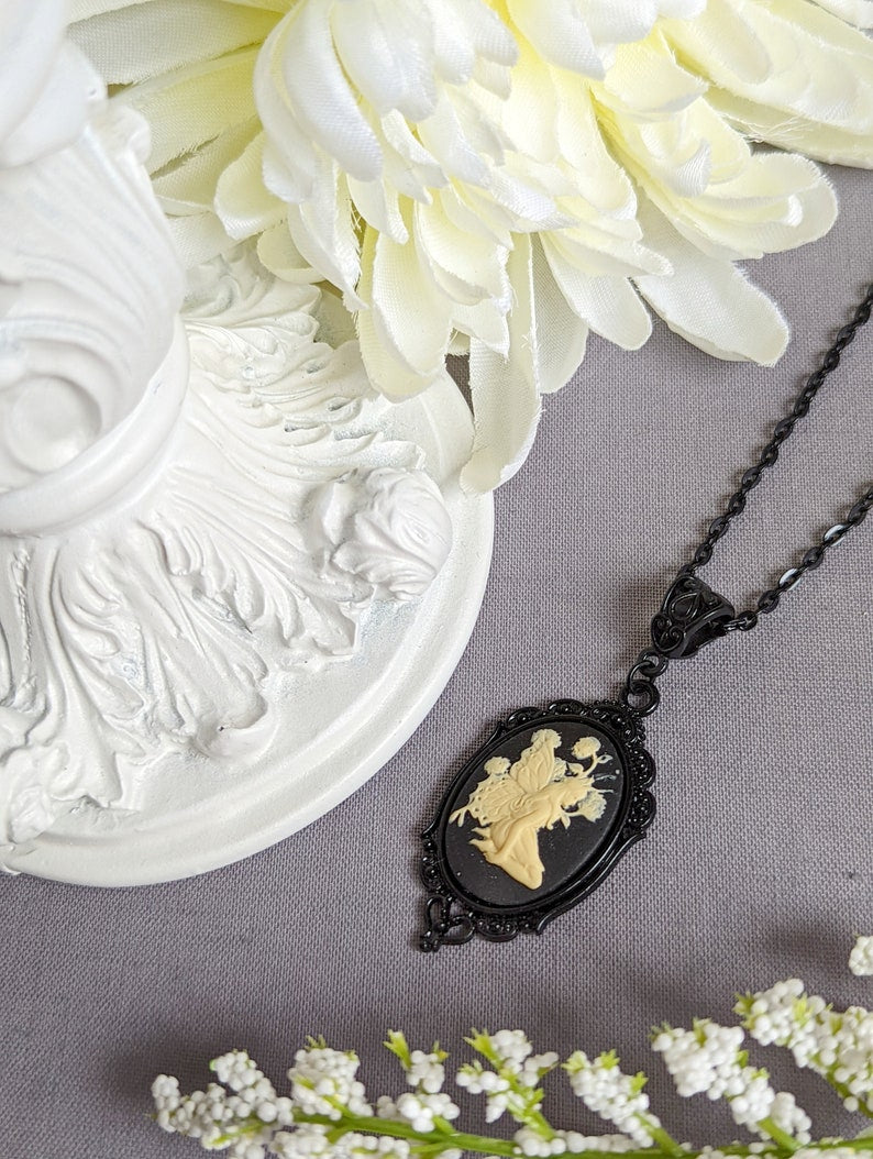 Black Fairy Cameo Necklace, Woodland Fae Pendant, Gothic Jewelry
