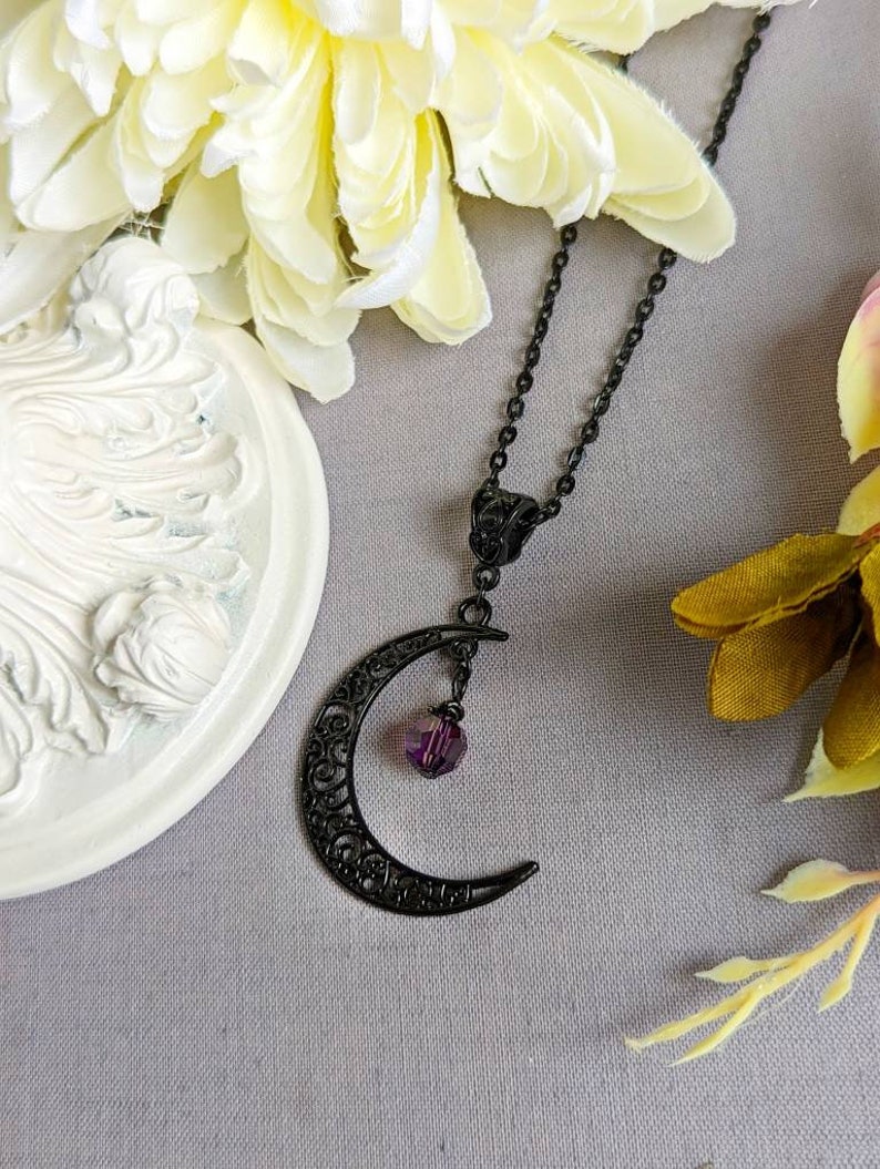 Black Crescent Moon Necklace: Filigree Celestial Jewelry, Amethyst Bead