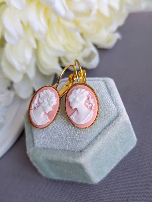 Pink Cameo Earrings, Vintage Style Portrait Jewelry, Modern Victorian