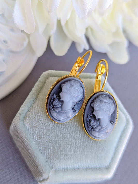 Blue Cameo Lever Back Earrings: Vintage Style Portrait Jewelry