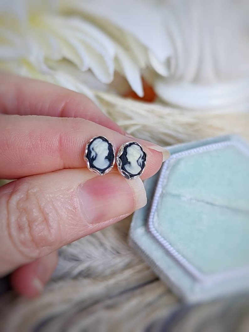 Tiny Cameo Stud Earrings | Black Ivory Dainty Vintage Post Earrings