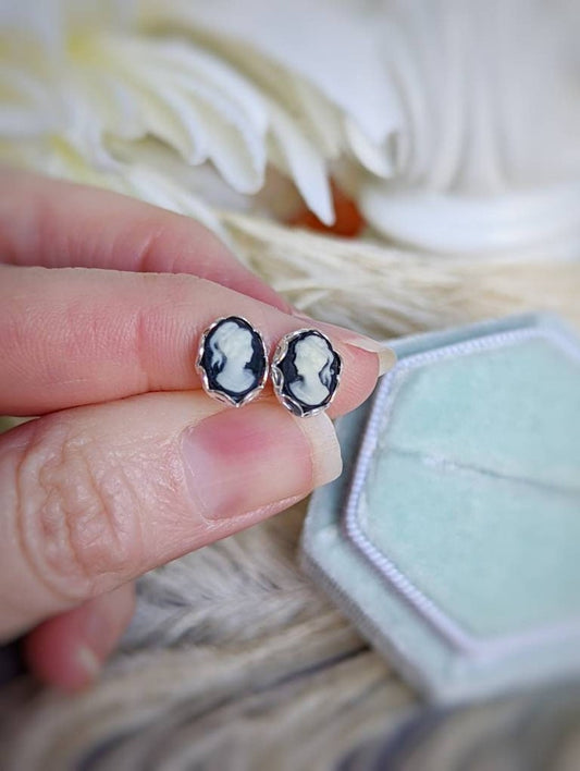 Tiny Cameo Stud Earrings | Black Ivory Dainty Vintage Post Earrings