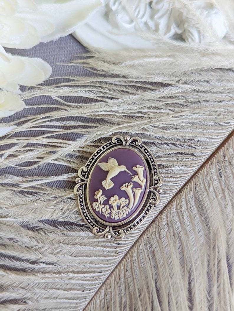 Blue Hummingbird Cameo Brooch | Antiqued Silver Bird Pin Jewelry