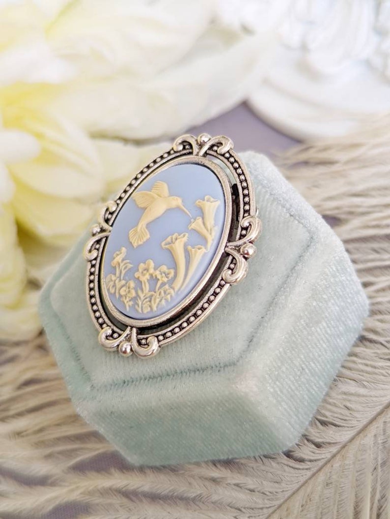 Blue Hummingbird Cameo Brooch | Antiqued Silver Bird Pin Jewelry