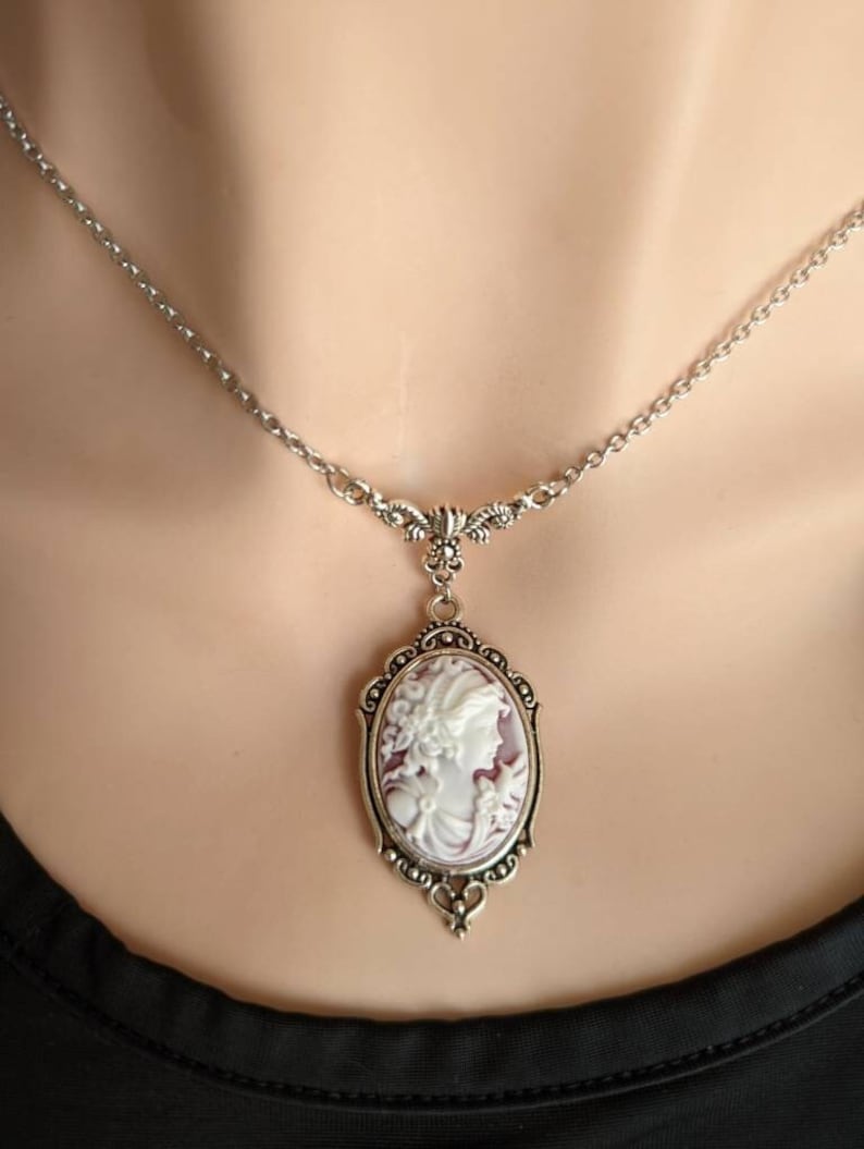 Victorian Goddess Cameo Necklace, Antique Silver Wedding Jewelry