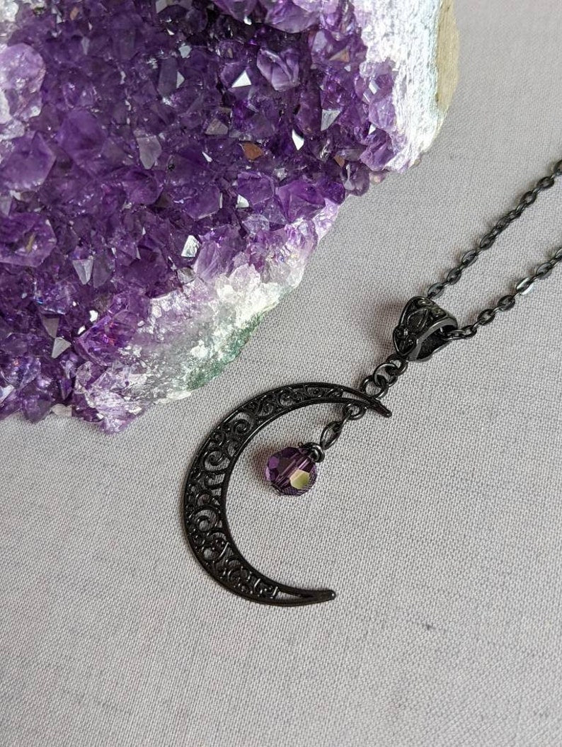 Black Crescent Moon Necklace: Filigree Celestial Jewelry, Amethyst Bead