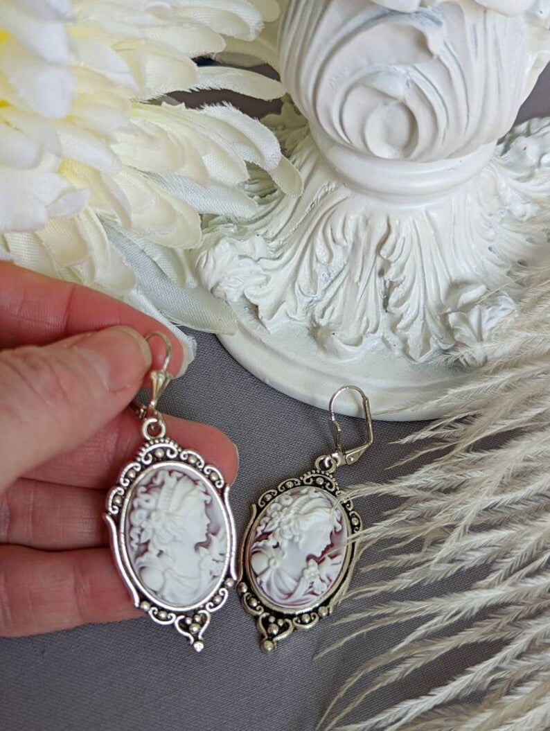 Goddess Cameo Statement Earrings: Silver Finish, Victorian Style