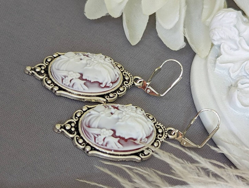 Goddess Cameo Statement Earrings: Silver Finish, Victorian Style