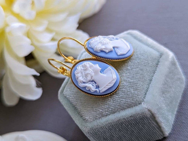 Handmade Blue Cameo Earrings | Victorian Lever Back Jewelry Gift