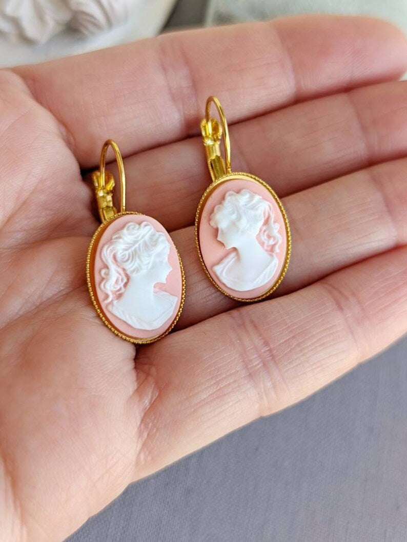 Pink Cameo Earrings, Vintage Style Portrait Jewelry, Modern Victorian