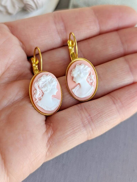 Pink Cameo Earrings, Vintage Style Portrait Jewelry, Modern Victorian