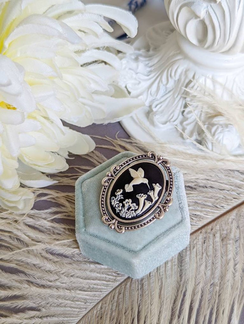 Blue Hummingbird Cameo Brooch | Antiqued Silver Bird Pin Jewelry