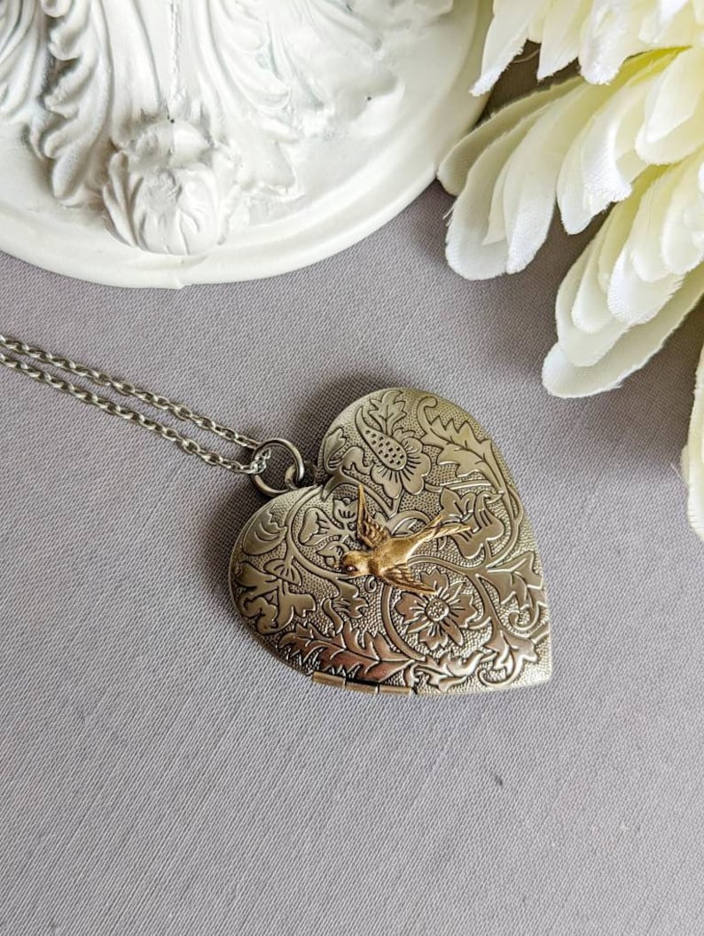 Heart Locket Pendant Necklace | Silver Bird Choker, Handmade Jewelry